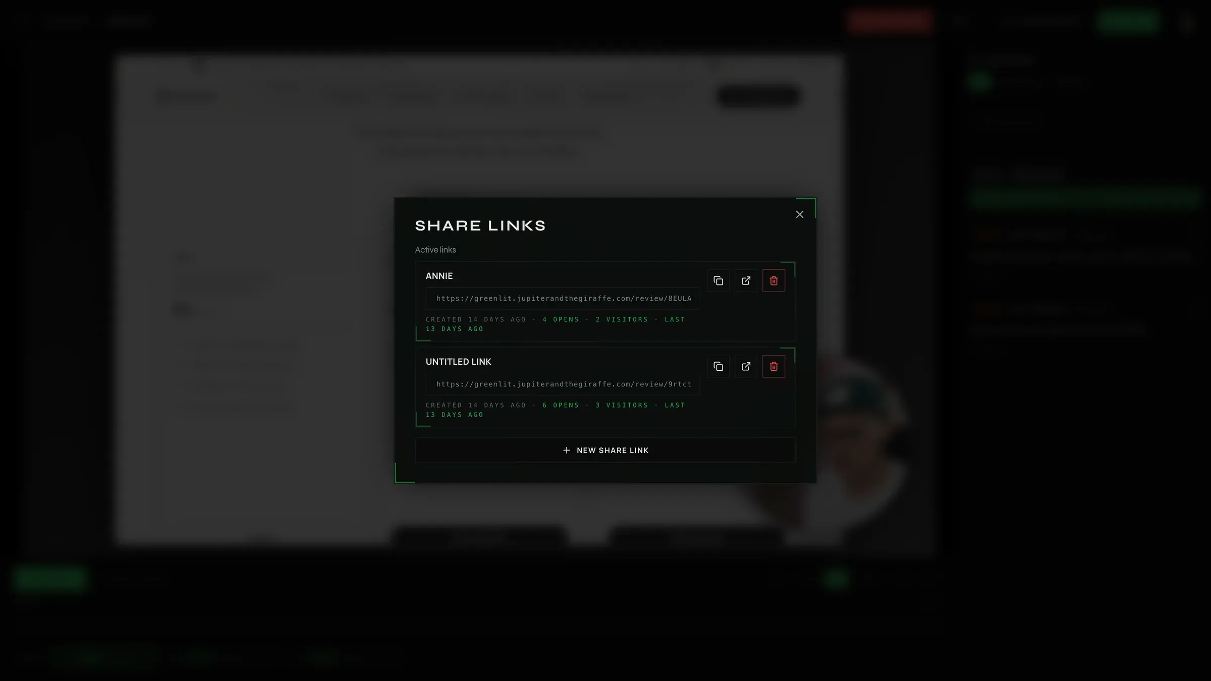 Greenlit share links dialog listing review links with open and visitor counts
