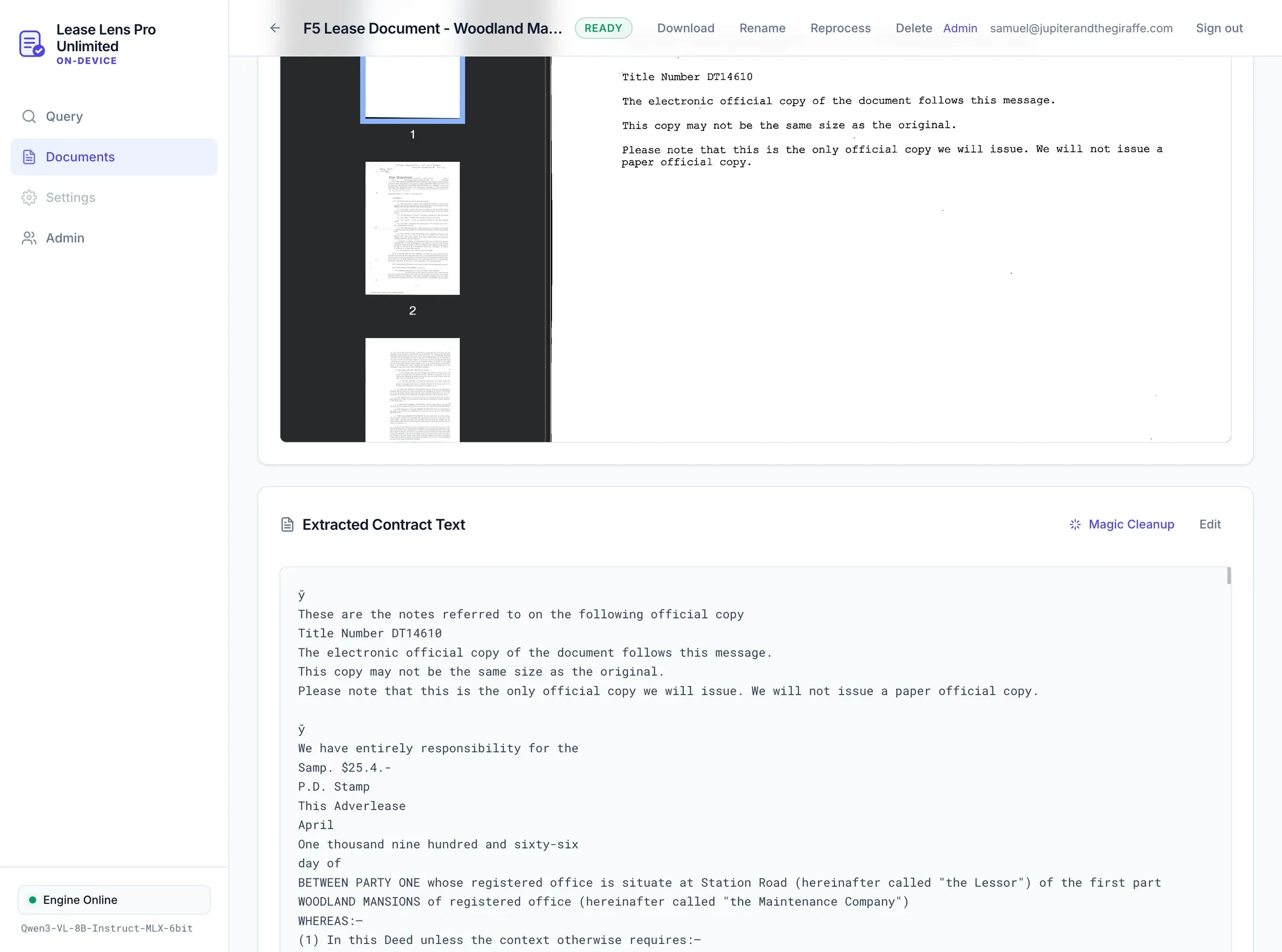 Lease Lens Pro extracted contract text beneath the original lease pages